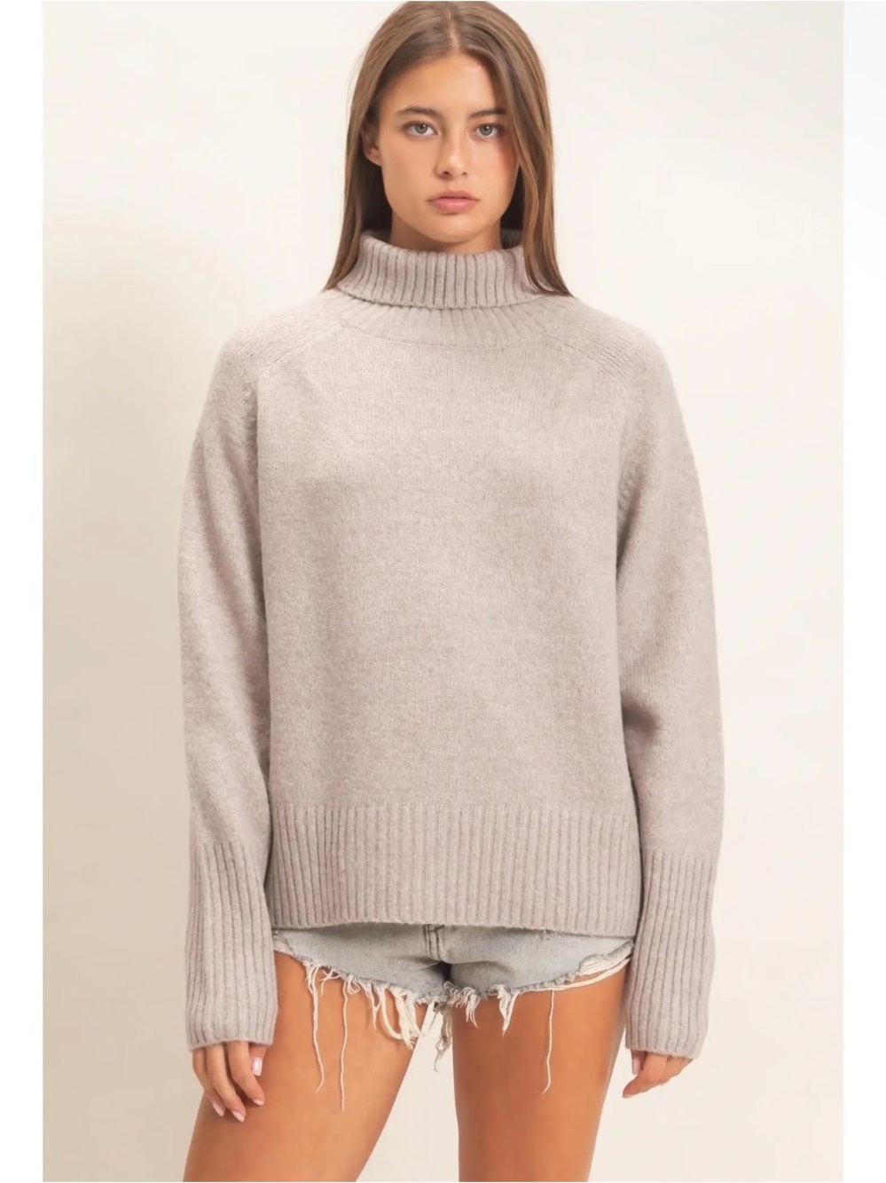 043. Taupe,  relaxed fit , ribbed cuffs, Turtleneck Sweater, various sizes